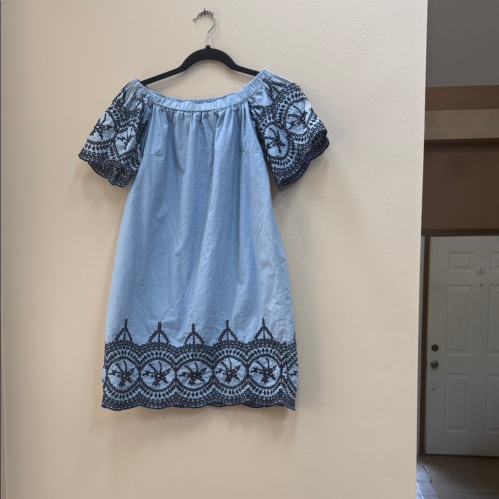 Blue Off-Shoulder Dress with Black Embroidery